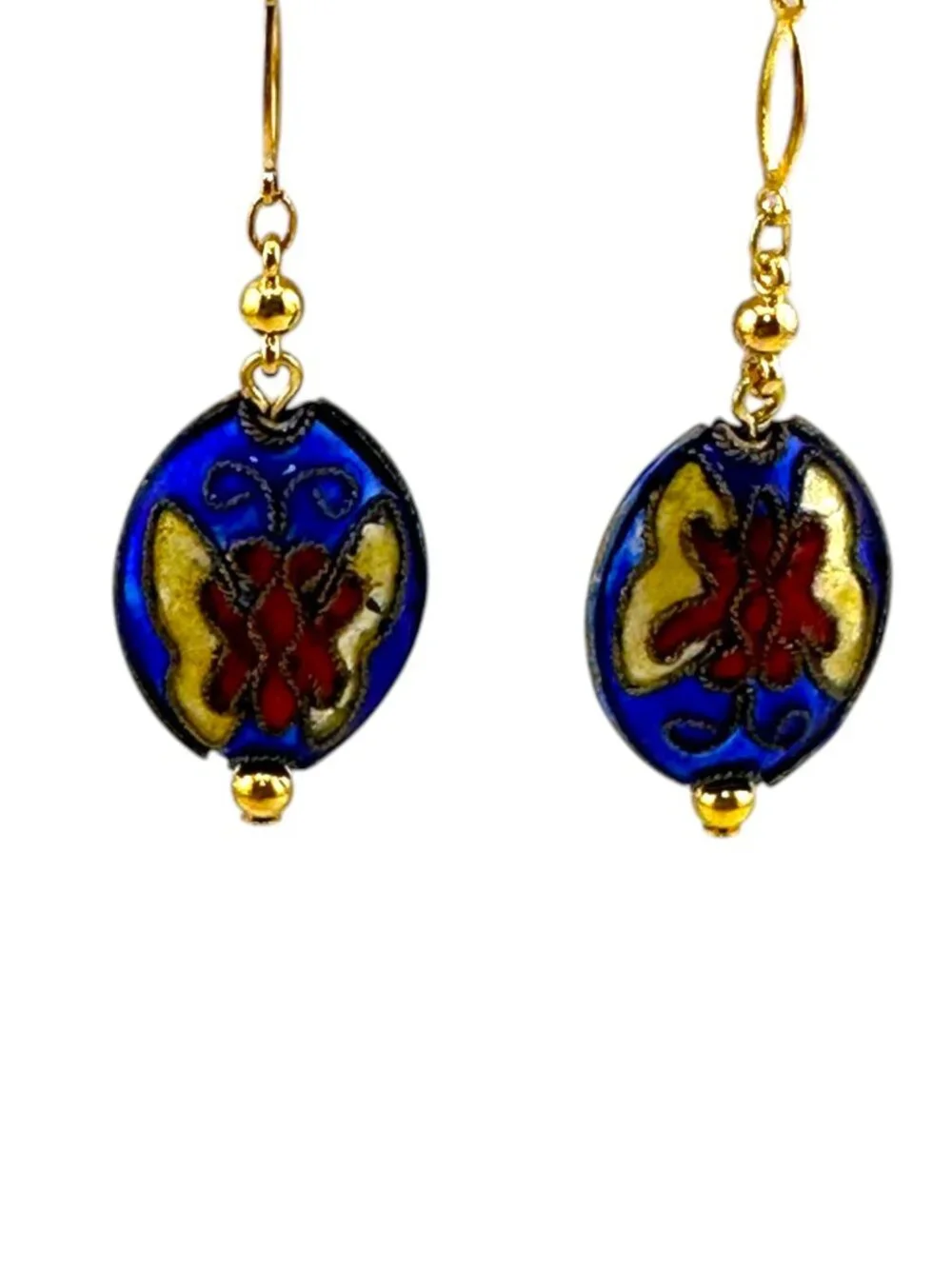 Blue Cloisonné Floral Butterfly Dangle Earrings Gold Leverback 2.75